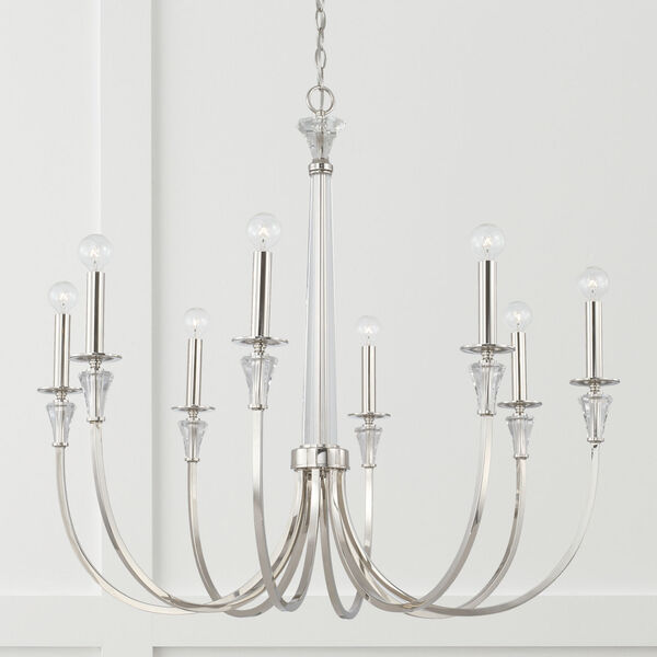 Laurent Polished Nickel Eight-Light Chandelier with Crystal Column and Bobeches, image 3
