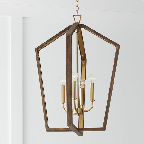 Maren Nordic Wood and Matte Brass Four-Light Pendant Made with Handcrafted Mango Wood, image 4