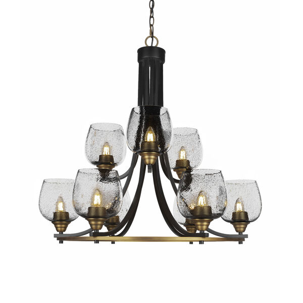 Paramount Matte Black and Brass 31-Inch Nine-Light Chandelier with Smoke Bubble Glass Shade, image 1