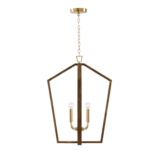 Maren Nordic Wood and Matte Brass Four-Light Pendant Made with Handcrafted Mango Wood, image 2