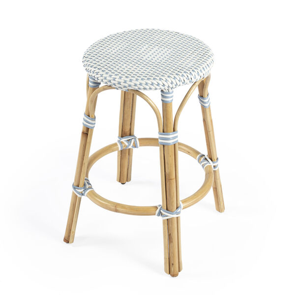 Tobias White and Sky Blue Dot on Natural Rattan Counter Stool, image 1