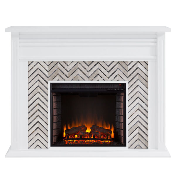 Hebbington White and gray Tiled Marble Electric Fireplace, image 2