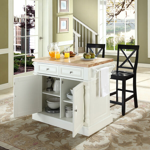 Butcher Block Top Kitchen Island in White Finish with 24-Inch Black X-Back Stools, image 3