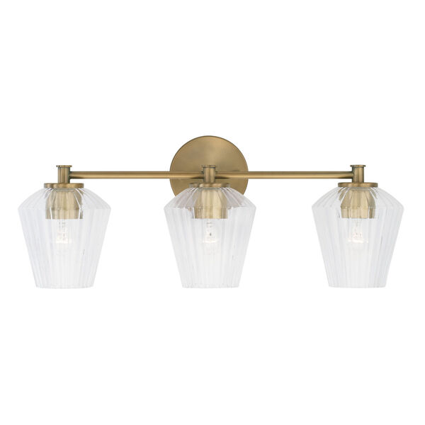 Beau Aged Brass Three-Light Bath Vanity with Clear Fluted Glass Shades, image 2