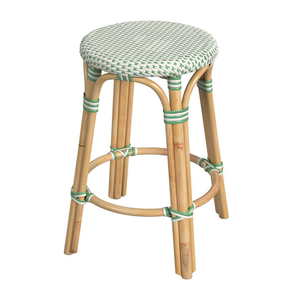 Tobias White and Green Dot on Natural Rattan Counter Stool, image 1