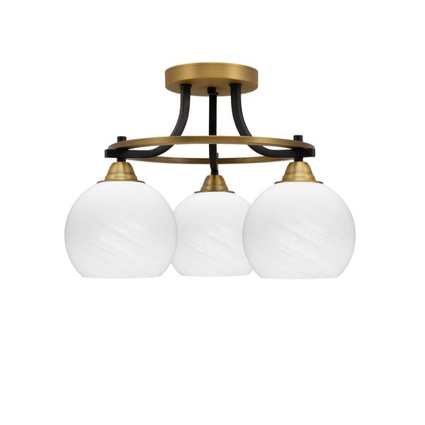 Paramount Matte Black and Brass Three-Light Semi-Flushe with White Marble Glass, image 1