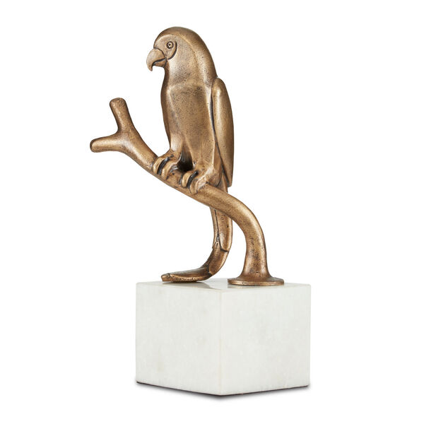 Zazu Antique Brass Parrot Figurine on White Marble Base, image 1