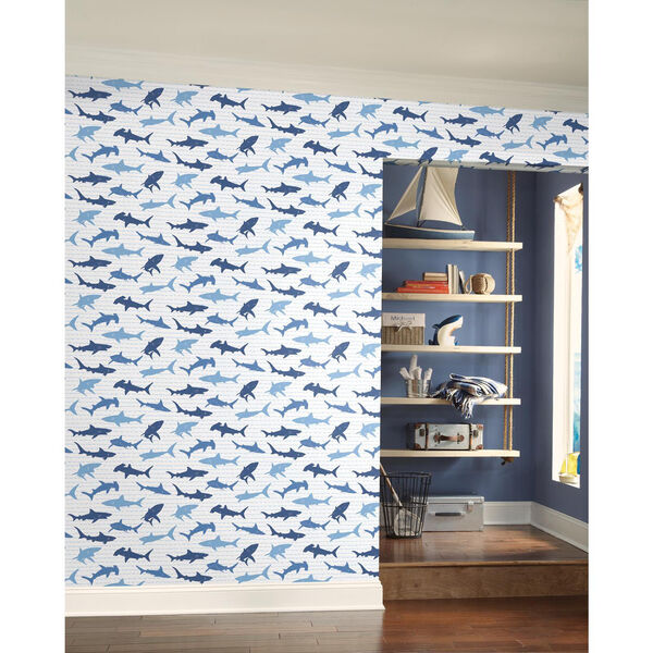A Perfect World Blues Shark Charades Wallpaper - SAMPLE SWATCH ONLY, image 6