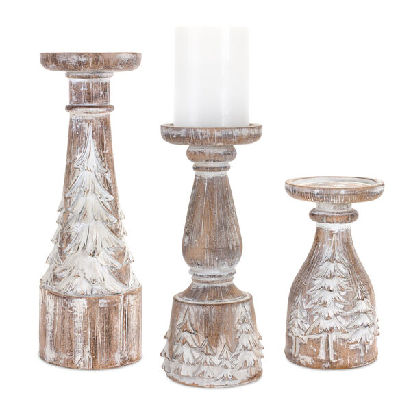 Brown White Pine Tree Candle Holder , Set of Three, image 1