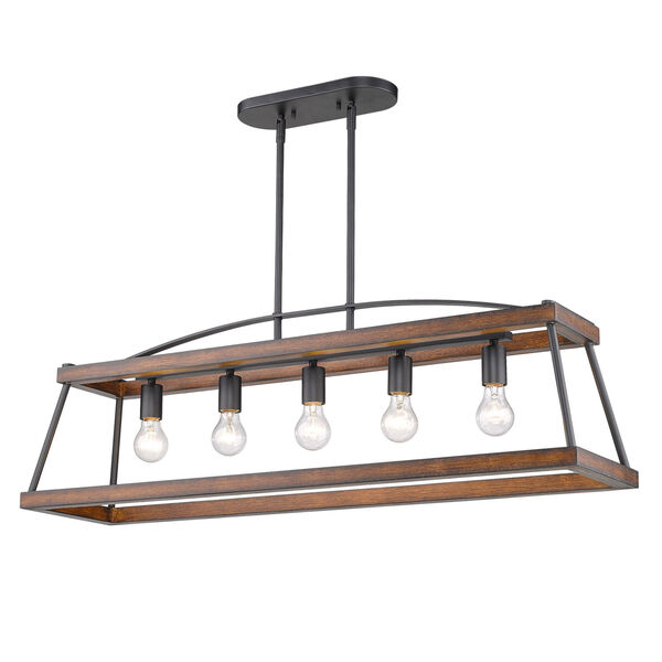 Teagan Natural Black 40-Inch Five-Light Linear Pendant with Rustic Oak Wood Accents, image 1