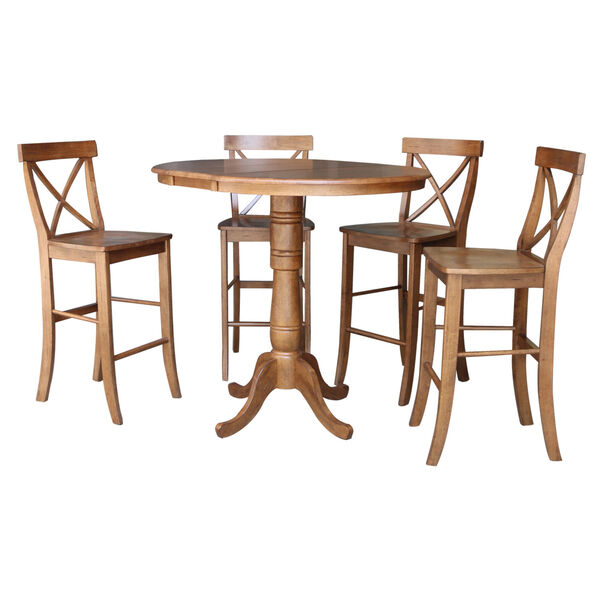 Distressed Oak 41-Inch Round Extension Dining Table with Four X-Back Stool, image 1