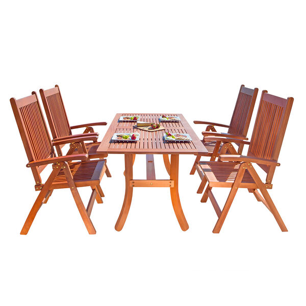 Malibu Outdoor 5-piece Wood Patio Dining Set with Curvy Leg Table and Reclining Chairs, image 1