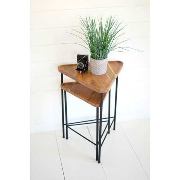 Rattan Wood Triangle Acacia Wood Side Tables with Iron Bases, Set of Two, image 4