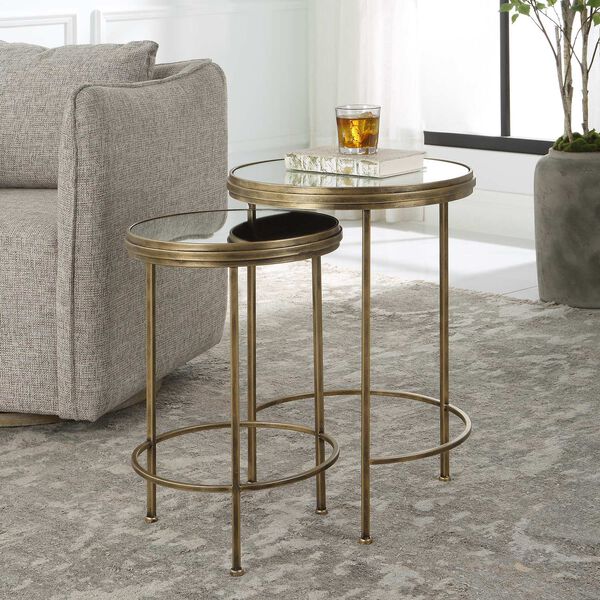 Vivian Antique Brushed Gold Mirrored Nesting Accent Tables, Set of 2, image 2