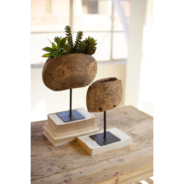 Wooden Repurposed Cow Bell Planters on Iron Stands, Set of Two, image 1