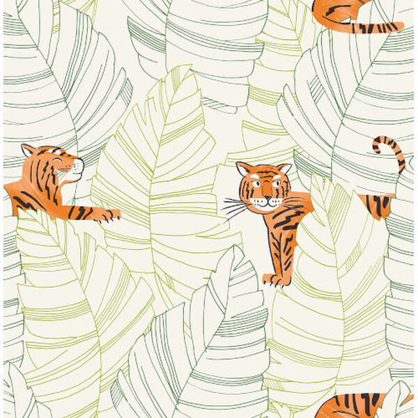 Day Dreamers Green and Orange Hiding Tigers Unpasted Wallpaper, image 1