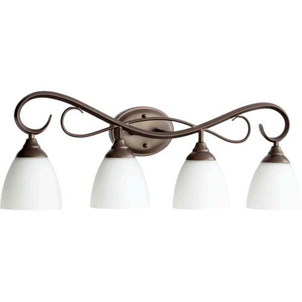 Powell Oiled Bronze Four Light Bath Vanity Fixture with Satin Opal Glass, image 1