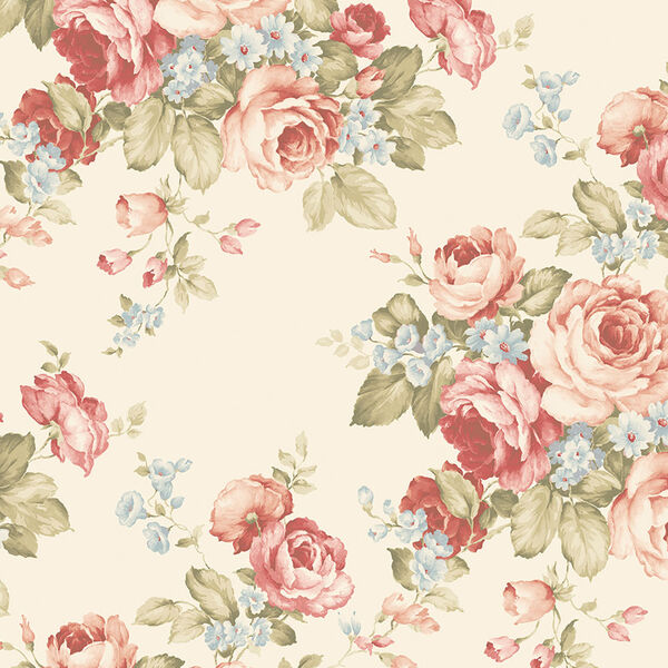 Grand Floral Cream, Pink and Blue Wallpaper - SAMPLE SWATCH ONLY, image 1