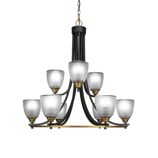 Paramount Matte Black and Brass 30-Inch Nine-Light Chandelier with Clear Ribbed Glass Shade, image 1