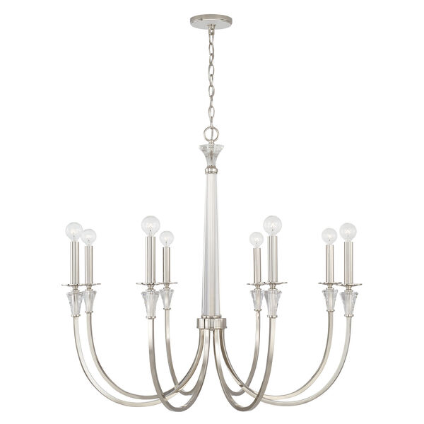 Laurent Polished Nickel Eight-Light Chandelier with Crystal Column and Bobeches, image 1