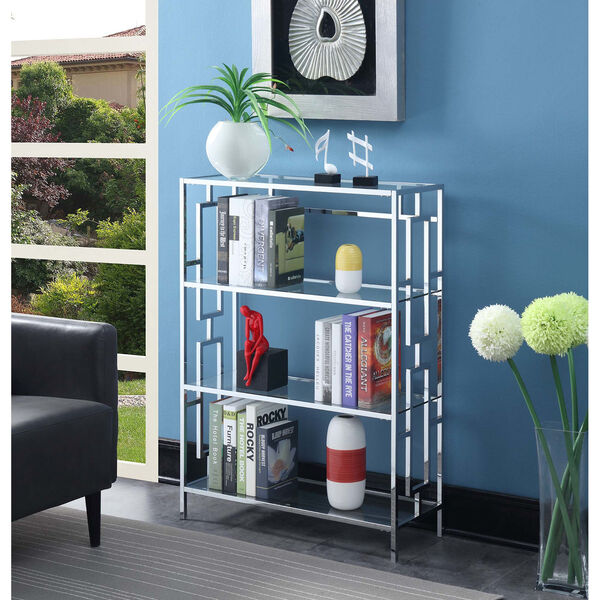 Town Square Clear Glass and Chrome 12-Inch Four Tier Wide Bookcase, image 1