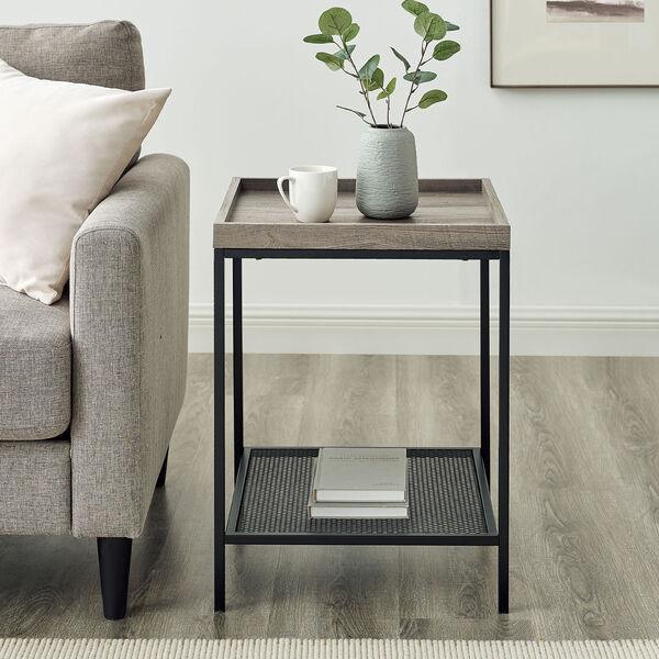 18-Inch Grey Wash Square Tray Side Table with Mesh Metal Shelf, image 3