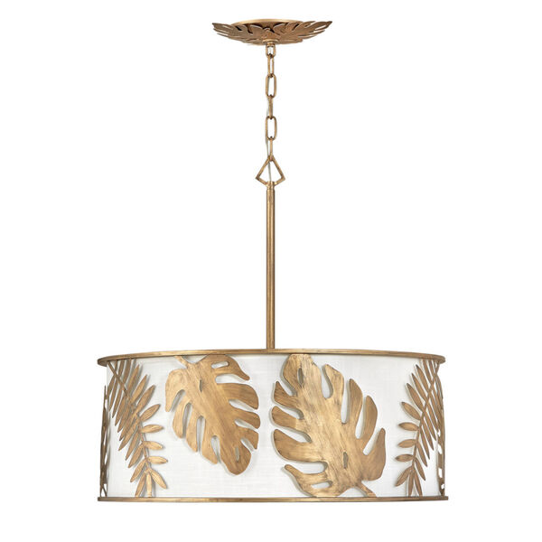 Botanica Burnished Gold Five-Light Chandelier with Palm Leaves and White Linen Shade, image 1