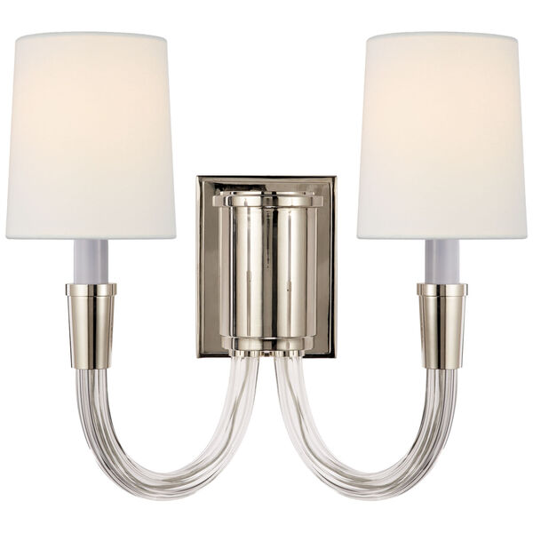Vivian Double Sconce in Polished Nickel with Linen Shades by Thomas O'Brien, image 1