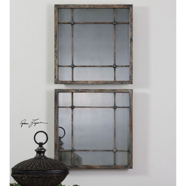 Saragano Distressed Slate Blue, Aged Ivory and Antique Square Mirror, Set of 2, image 2