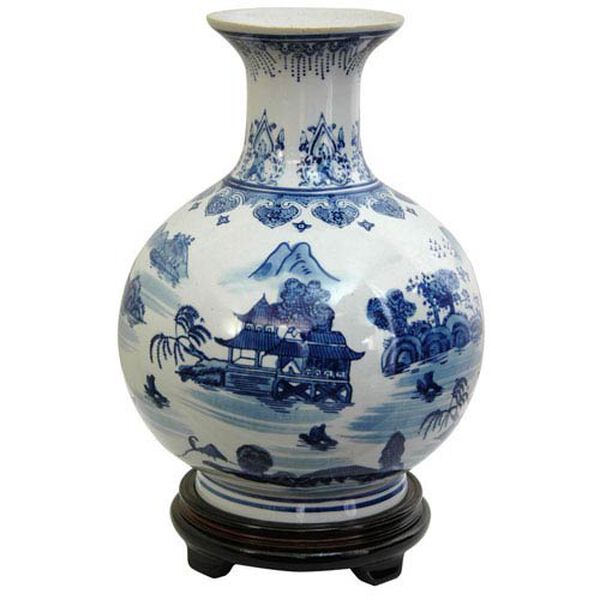 12 Inch Porcelain Vase Blue and White Landscape, Width - 9.5 Inches, image 1