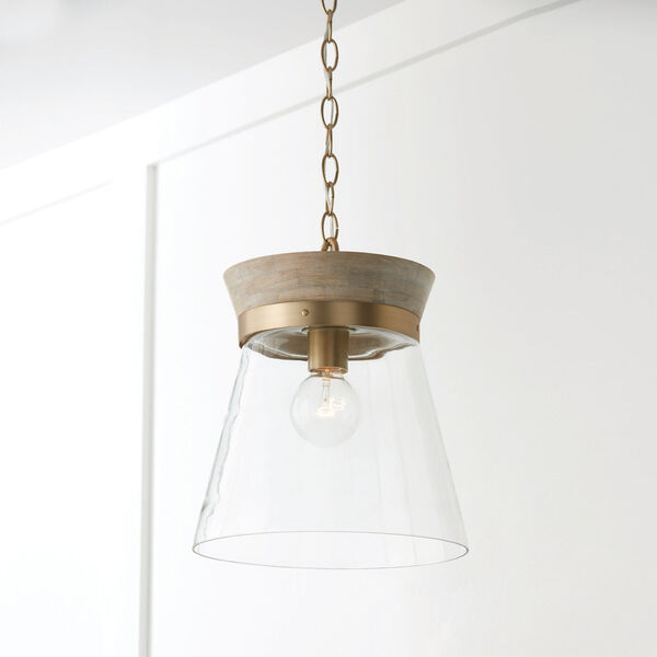 Finn White Wash and Matte Brass One-Light Pendant with Clear Glass, image 3