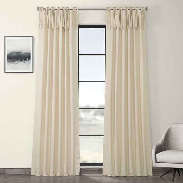 Cream Solid Cotton Tie-Top Curtain Single Panel, image 1