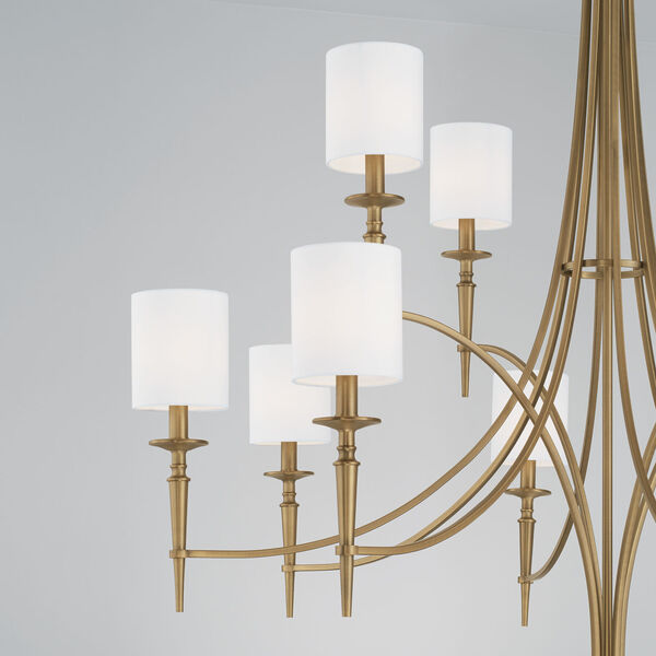 Abbie Aged Brass 12-Light Chandelier with White Fabric Stay Straight Shades, image 4