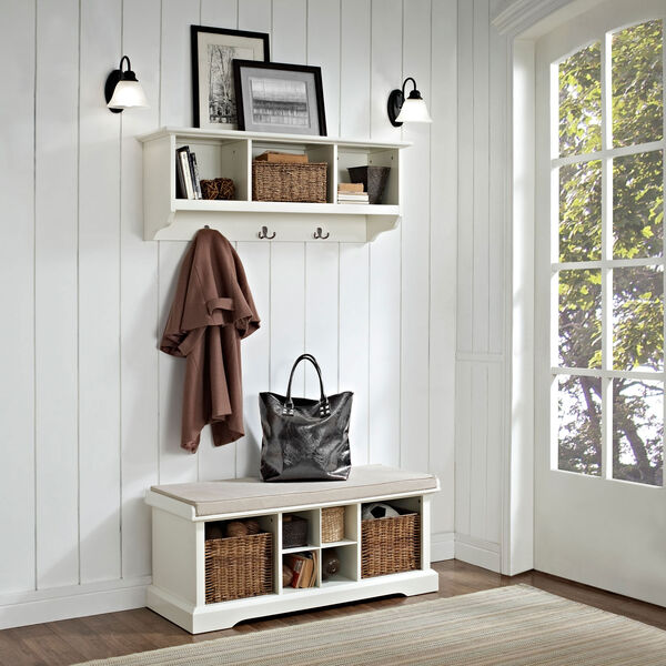 Hayden White Two Piece Entryway Bench and Shelf Set, image 4
