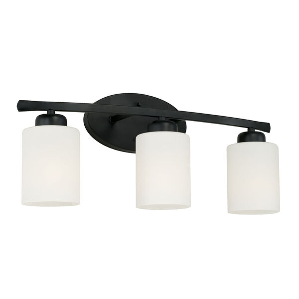HomePlace Dixon Matte Black Three-Light Bath Vanity with Soft White Glass Shades, image 1