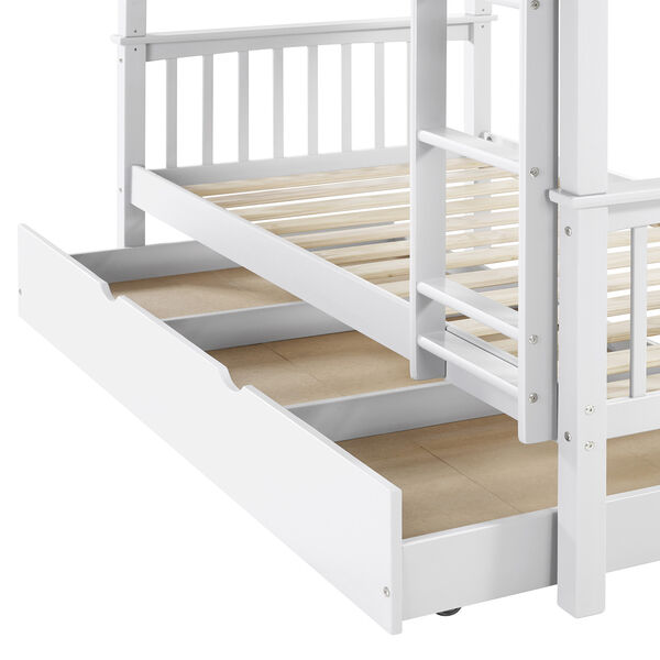 Solid Wood Twin Bunk Bed with Trundle Bed - White, image 4