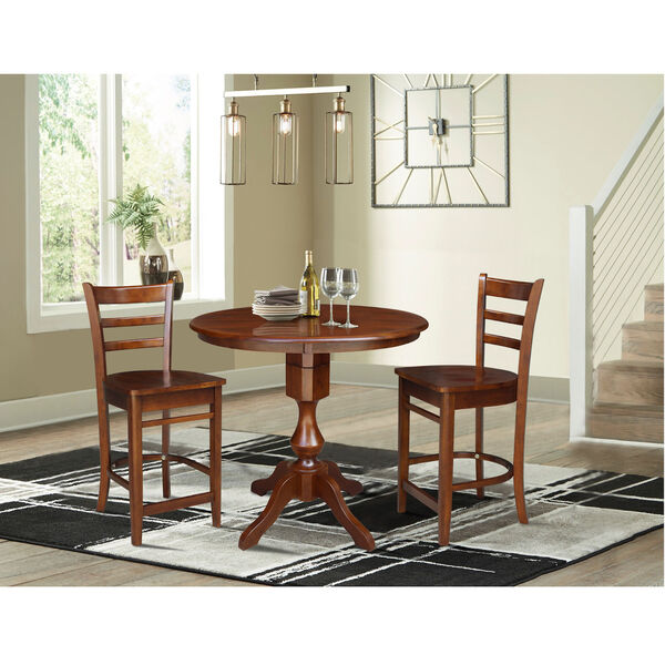 Espresso 36-Inch Round Pedestal Counter Height Table with Two Counter Height Stool, Three-Piece, image 1