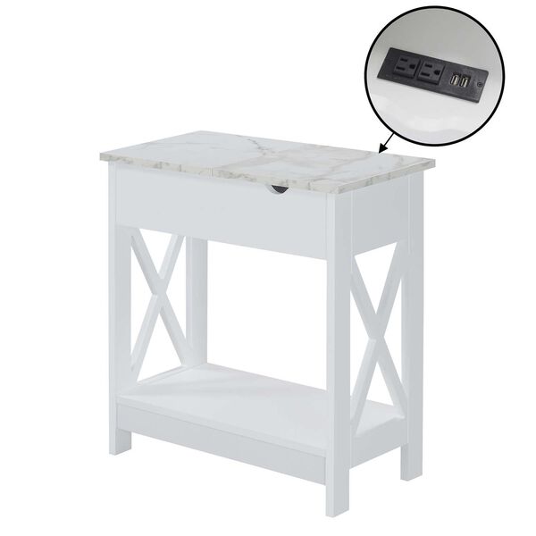 Oxford White Faux Marble White Flip Top End Table with Charging Station and Shelf, image 1