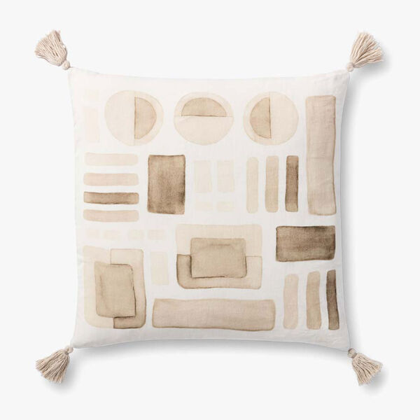 Natural and White Printed Pillow with Tassels, image 1