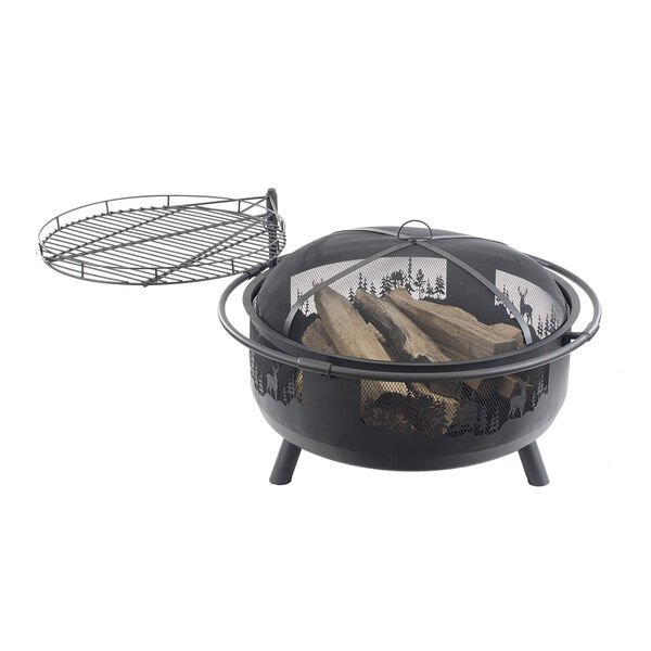 Black 36-Inch Round Barrel Fire Pit with Swing Away Grill, image 1