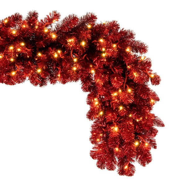 Red 9 Ft. x 18 In. Artificial Deluxe Tinsel Christmas Garland with Warm White Wide Angle Mini Lights, image 2