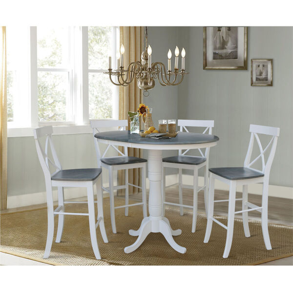 White and Heather Gray 36-Inch Round Extension Dining Table With Four X-Back Bar Height Stools, Five-Piece, image 2