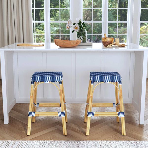 Robias Bright Sky Blue and White on Natural Rattan Bar Stool, image 6
