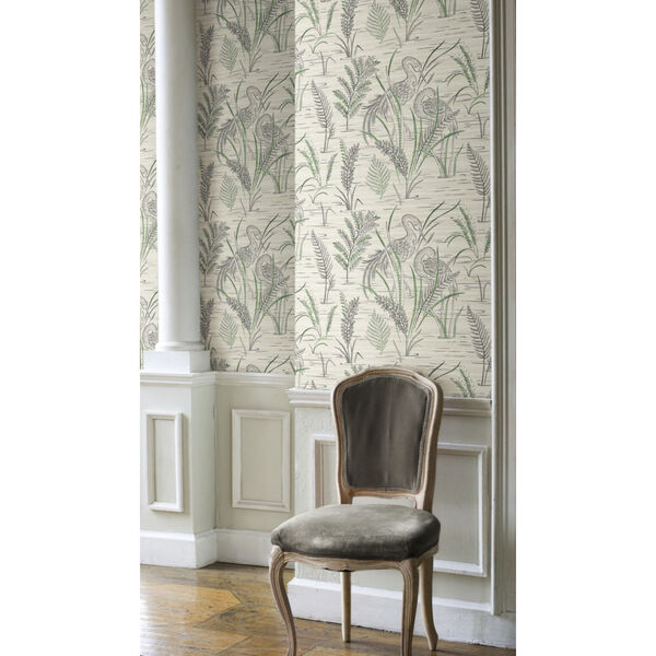 Grandmillennial Black Green Fernwater Cranes Pre Pasted Wallpaper, image 1
