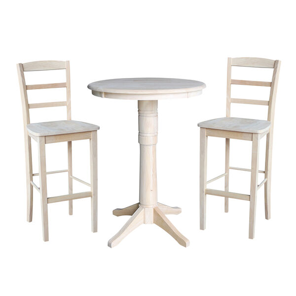 Unfinished 30-Inch Straight Pedestal Bar Height Table with Two Madrid Stools, image 1