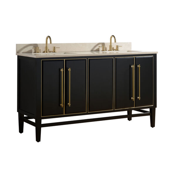 Black 61-Inch Bath vanity Set with Gold Trim and Crema Marfil Marble Top, image 2