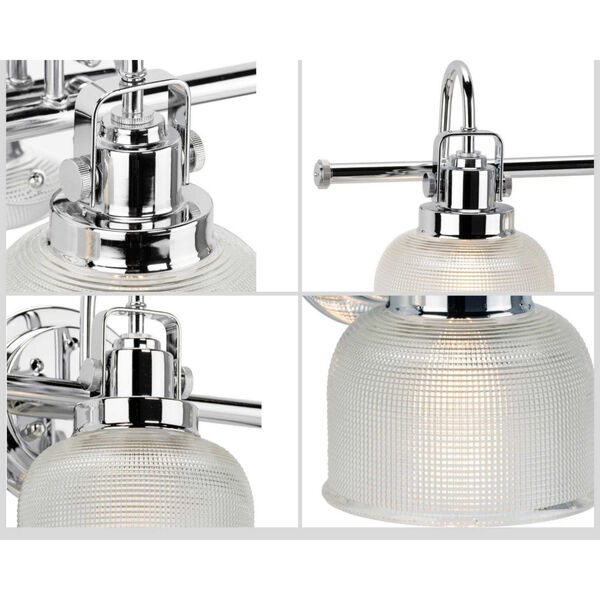 Archie Polished Chrome Three-Light Bath Fixture with Clear Double Prismatic Glass Shades, image 4