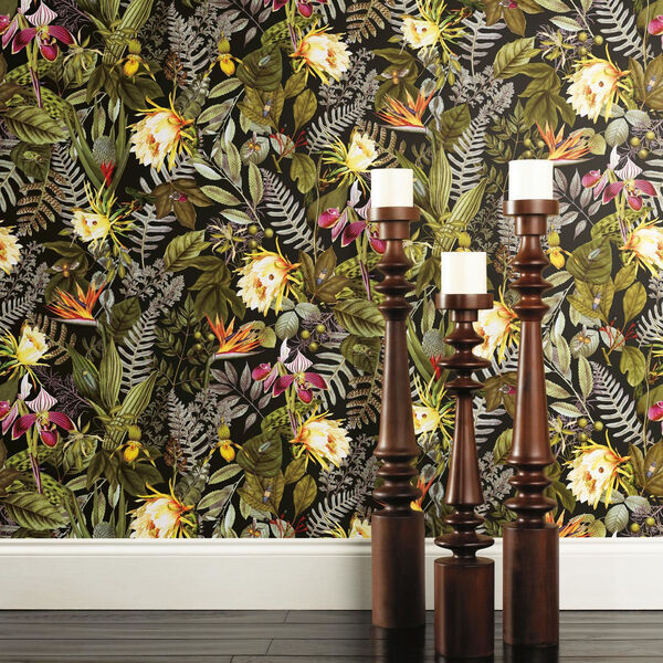 Tropical Flower Black, Green And Yellow Peel And Stick Wallpaper, image 1