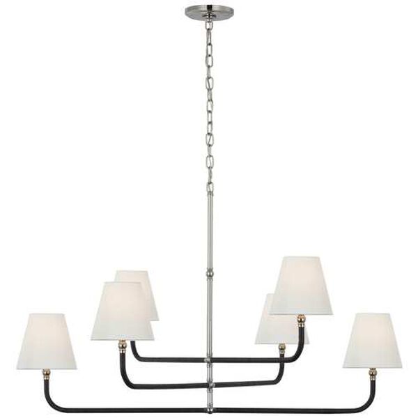 Basden Polished Nickel and Black Six-Light Extra Large Chandelier with Linen Shades by Chapman and Myers, image 1
