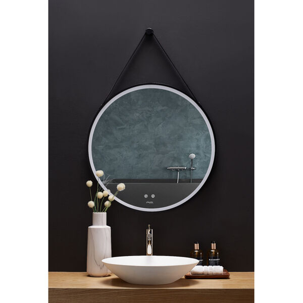 Sangle Black 24-Inch Round LED Framed Mirror with Defogger and Vegan Leather Strap, image 1